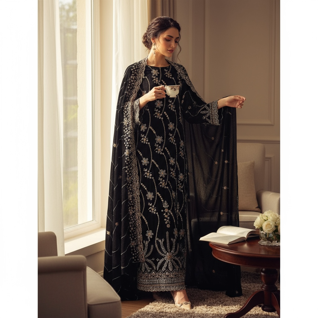 👑 Range Anabiya's RN-101: The 'Noir Regal' Ensemble | Exquisite Hand-Embroidery | Ships Globally