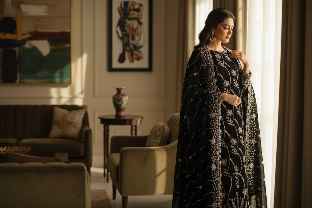 👑 Range Anabiya's RN-101: The 'Noir Regal' Ensemble | Exquisite Hand-Embroidery | Ships Globally