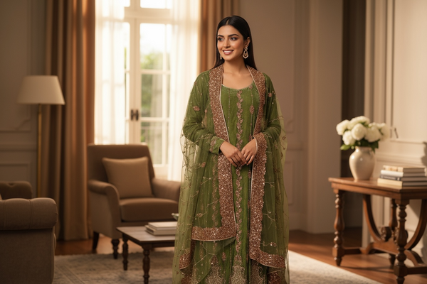 ✨ Range Anabiya Presents: The RN-201 'Enchanted Olive' Gown | Delicate Hand-Embellished Net Ensemble