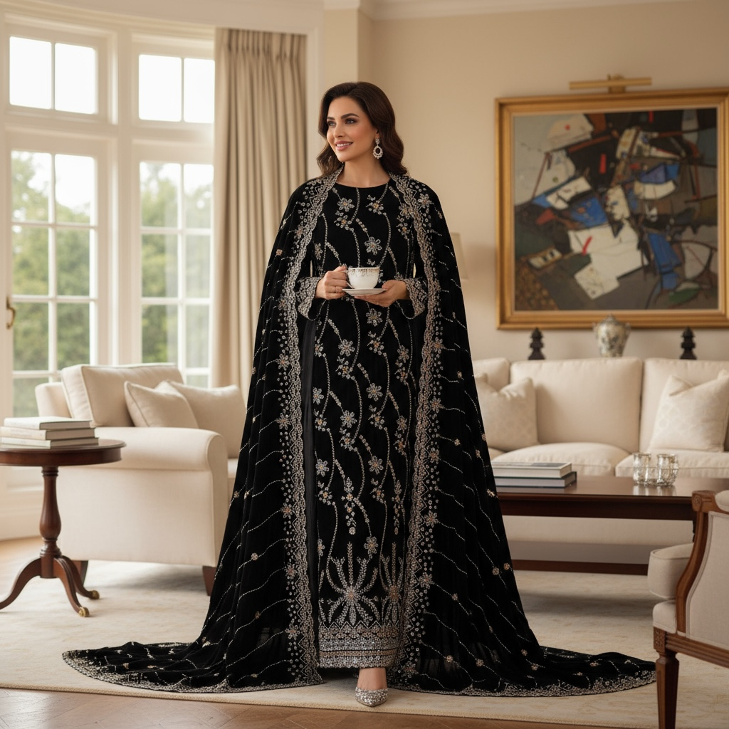 👑 Range Anabiya's RN-101: The 'Noir Regal' Ensemble | Exquisite Hand-Embroidery | Ships Globally