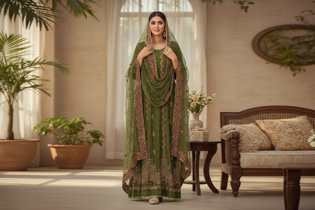 ✨ Range Anabiya Presents: The RN-201 'Enchanted Olive' Gown | Delicate Hand-Embellished Net Ensemble