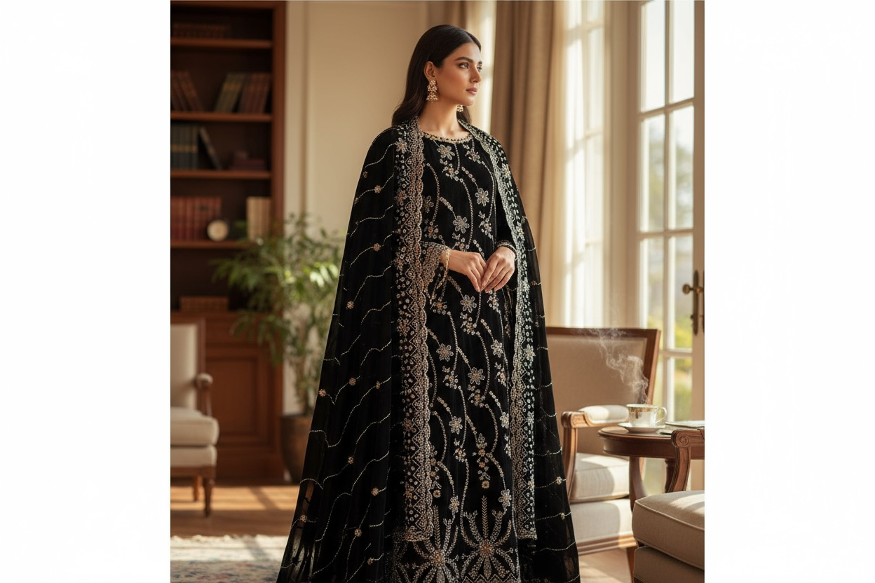 👑 Range Anabiya's RN-101: The 'Noir Regal' Ensemble | Exquisite Hand-Embroidery | Ships Globally