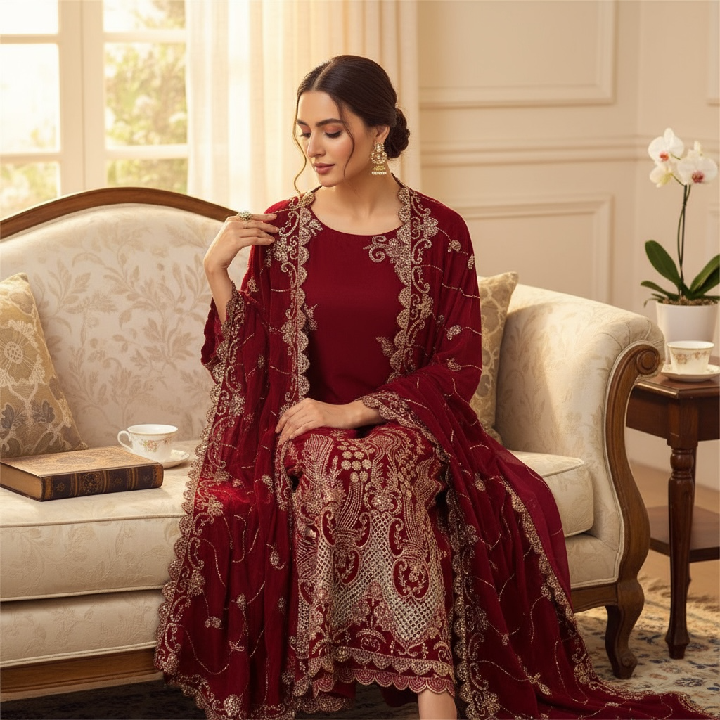 ✨ Range Anabiya Presents: The RN-301 'Ruby Royalty' Velvet | Lavish Hand-Embellished Ensemble